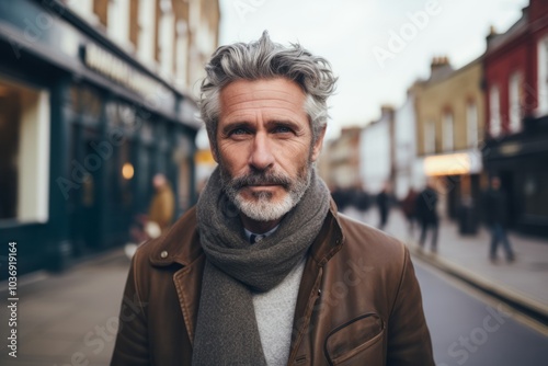 Handsome middle-aged man with gray hair and beard wearing a brown coat and gray scarf on a city street.