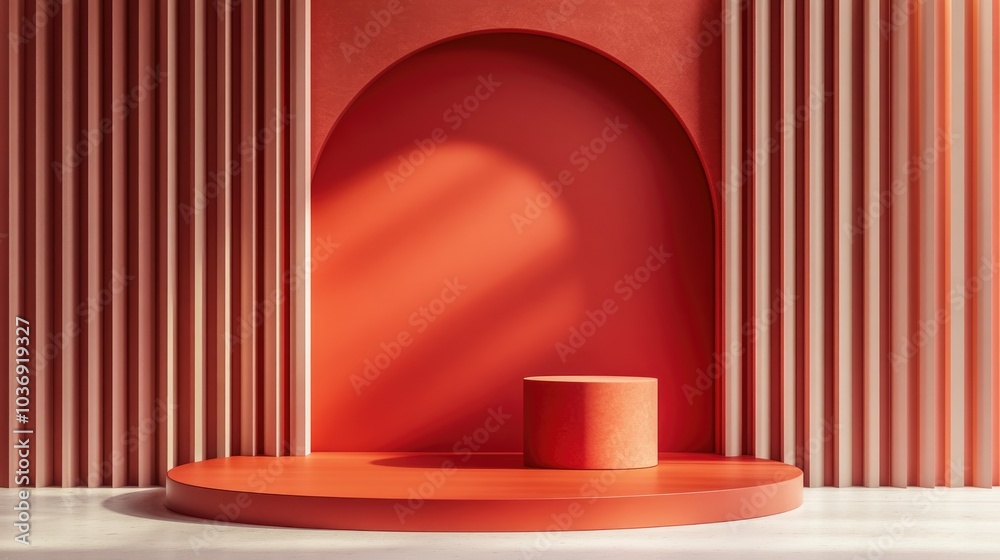 Red geometric podium background design with minimalistic 3D rendering