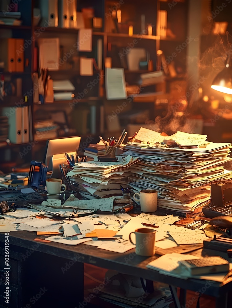 A cluttered office space with a chaotic pile of paperwork, warm lighting casts a cozy yet overwhelming atmosphere, depicting a busy work environment. A cluttered office space with a chaotic pile of paperwork, warm lighting casts a cozy yet overwhelming atmosphere, depicting a busy work environment.
