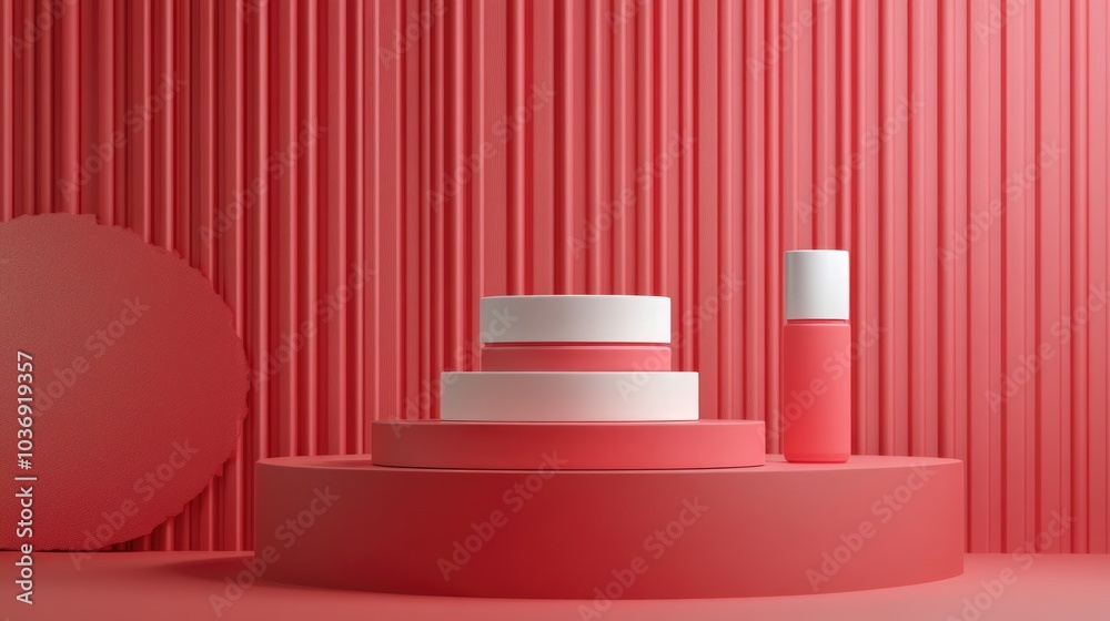 3D rendering of a blank product display for cosmetic creams with a modern red podium backdrop 3D rendering of a blank product display for cosmetic creams with a modern red podium backdrop