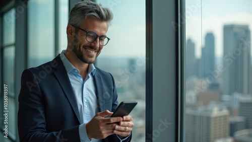 Smiling Man in Business Suit Using Smartphone by Window with City View