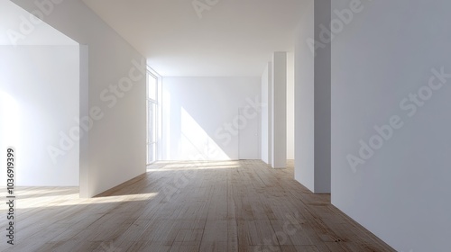 3D rendering of an empty interior space featuring white walls and wooden flooring with a door positioned in the corner