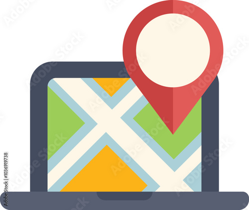 Colorful icon of a laptop showing location tracking with map and pin