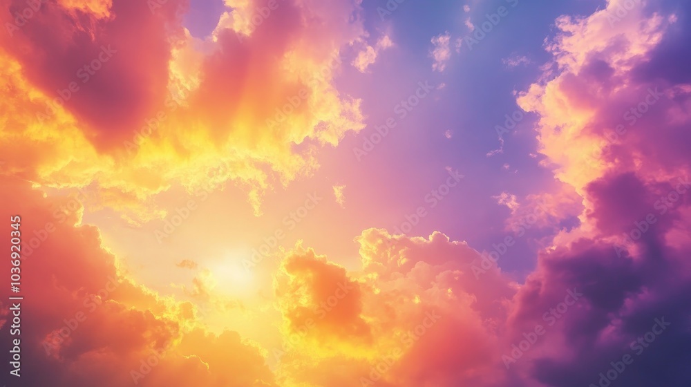 Dramatic sky with vibrant colors Blurred backdrop of fiery clouds at sunset featuring patterns in yellow orange and purple hues