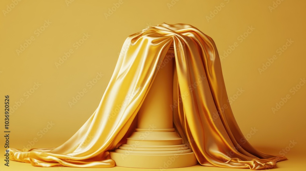Luxurious golden fabric draped over a pedestal against a gold backdrop embodying a concept of luxury Suitable for museum or gallery settings for showcasing products 3D rendering Luxurious golden fabric draped over a pedestal against a gold backdrop embodying a concept of luxury Suitable for museum or gallery settings for showcasing products 3D rendering