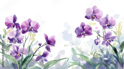 Beautiful watercolor illustration of purple orchids in a garden