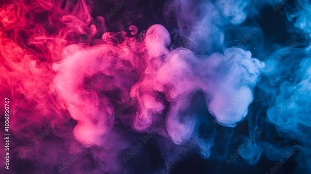 Fototapeta premium A colorful cloud of smoke with a yellowish center. The smoke is a mix of blue, red, and orange