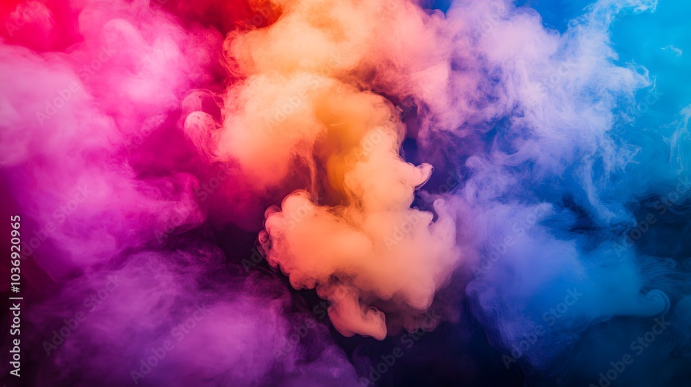 A colorful cloud of smoke with a yellowish center. The smoke is a mix of blue, red, and orange A colorful cloud of smoke with a yellowish center. The smoke is a mix of blue, red, and orange