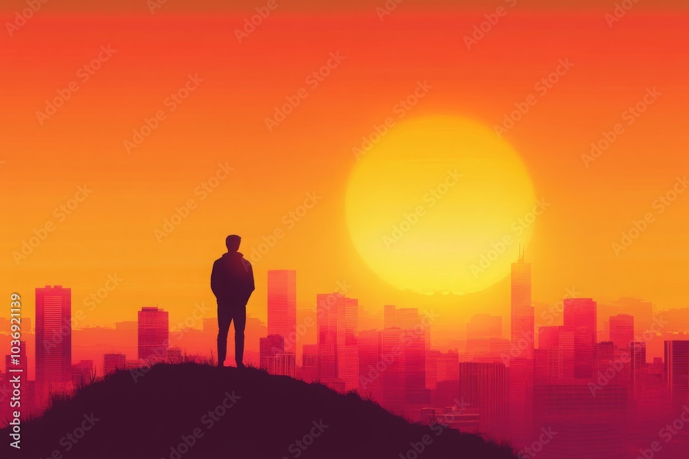 Solitary Silhouette against Vibrant Urban Sunset Solitary Silhouette against Vibrant Urban Sunset