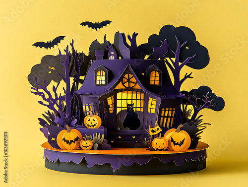 Close-up of a paper cut castle with bats and pumpkins, perfect for greeting cards or invitations, gothic art, Halloween decorations, spooky design, intricate paper cutouts for festive themes photo