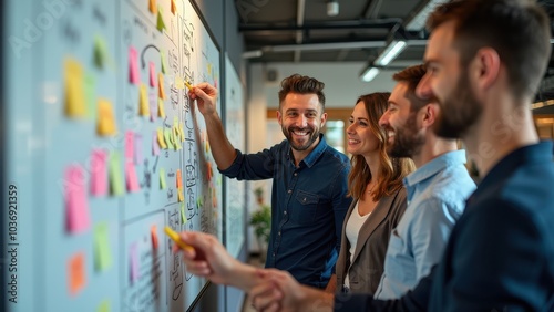 Team Collaboration in Office with Post-it Notes on Board