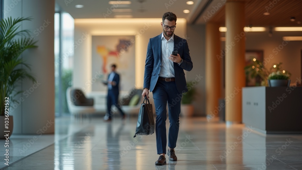 Obraz premium Professional Man Walking in Modern Office with Smartphone