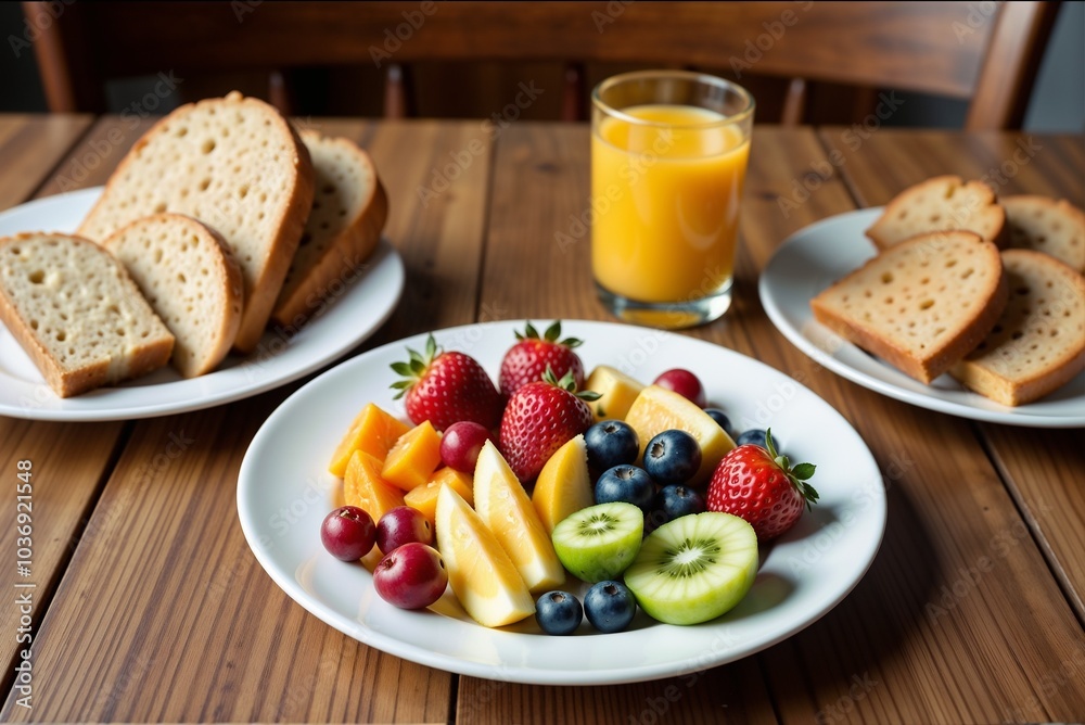 A plate of fruit and a glass of orange juice are on the table A plate of fruit and a glass of orange juice are on the table