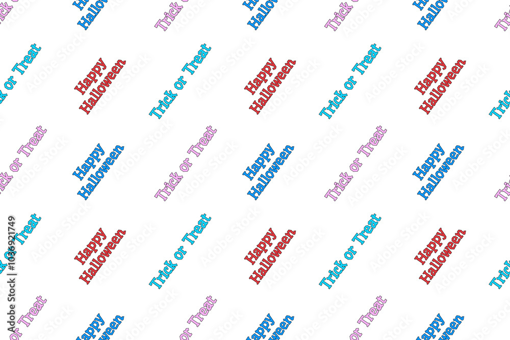 Seamless pattern featuring colorful Happy Halloween and Trick or Treat text. Perfect for festive decor, cards, and invitations. Seamless pattern featuring colorful Happy Halloween and Trick or Treat text. Perfect for festive decor, cards, and invitations.