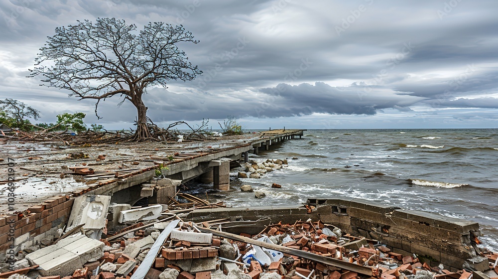 Coastal Town Aftermath: Debris-Laden Streets, Damaged Pier Over Turbulent Ocean, Solitary Resilient Tree Amidst Ruins Coastal Town Aftermath: Debris-Laden Streets, Damaged Pier Over Turbulent Ocean, Solitary Resilient Tree Amidst Ruins