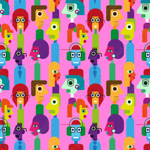 Abstract geometric cubist inspiration composition of people faces. Colorful haracters collection. Seamless pattern. Vector illustration for prints, card, web, digital concept, poster