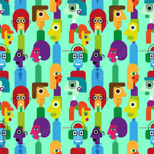 Abstract geometric cubist inspiration composition of people faces. Colorful haracters collection. Seamless pattern. Vector illustration for prints, card, web, digital concept, poster	