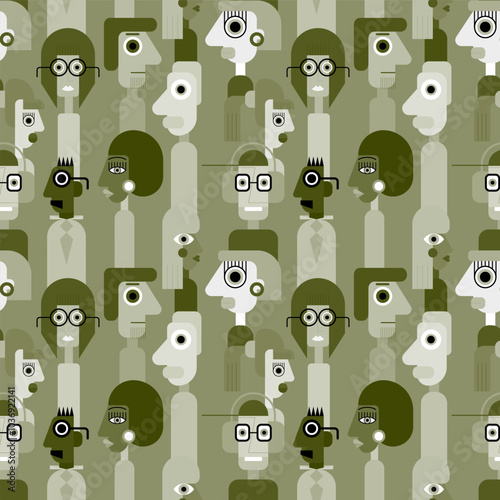 Abstract geometric cubist inspiration composition of people faces. Colorful haracters collection. Seamless pattern. Vector illustration for prints, card, web, digital concept, poster