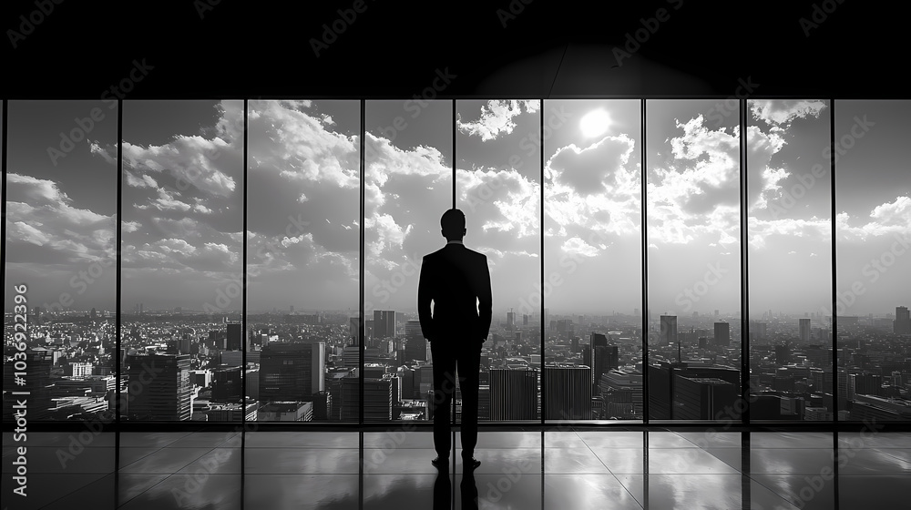 Fototapeta premium Silhouette of a man financier think about something while standing near office window background with copy space for your text message or advertising content, young male thoughtful rest after briefing