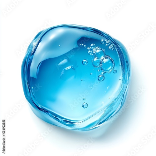 Close-up of a translucent blue gel blob with air bubbles, representing a beauty product like face serum or moisturizer, isolated on a white background