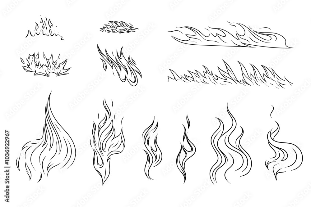 Set of fire outlines, hand-drawn vector graphics for fireplace, grill, packaging, etc. Set of fire outlines, hand-drawn vector graphics for fireplace, grill, packaging, etc.