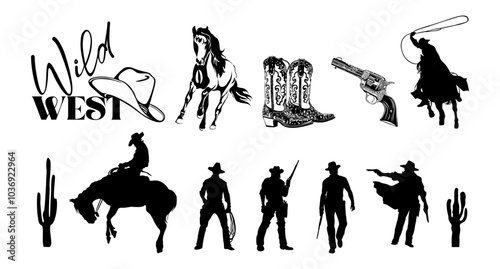 Wild west elements black silhouettes set. Cowboy galloping with lasso, shooting from gun, cowboy boots, hat, gun. Monochrome vector illustrations isolated on transparent background.