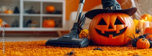 halloween pumpkin He gives us a black broom hat.
