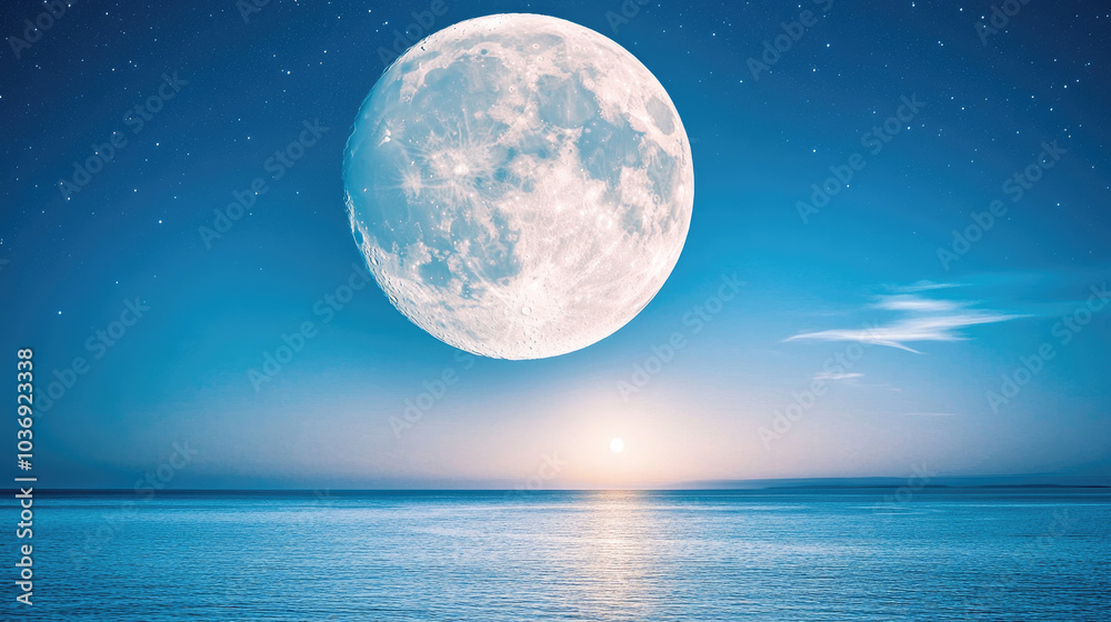 Glowing supermoon rising above calm ocean horizon, casting soft light on water. Clear sky with scattered stars creates serene and magical atmosphere. Glowing supermoon rising above calm ocean horizon, casting soft light on water. Clear sky with scattered stars creates serene and magical atmosphere.