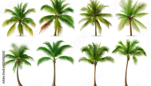 A collection of coconut palm trees isolated on a white background for design use