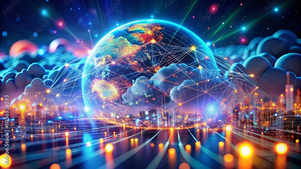Fototapeta premium Vibrant 3D illustration showcasing neural network, cloud technologies, and global database interconnectedness
