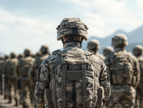 Group of soldiers in military uniforms standing in formation, viewed from the back, evoking a sense of unity, discipline, and strength as they face the horizon. photo