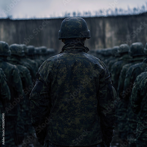 Group of soldiers in military uniforms standing in formation, viewed from the back, evoking a sense of unity, discipline, and strength as they face the horizon. photo