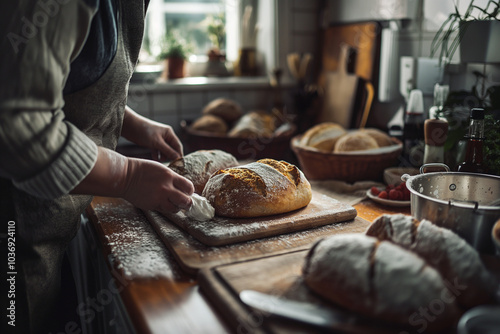 A cozy kitchen scene with a person baking homemade bread