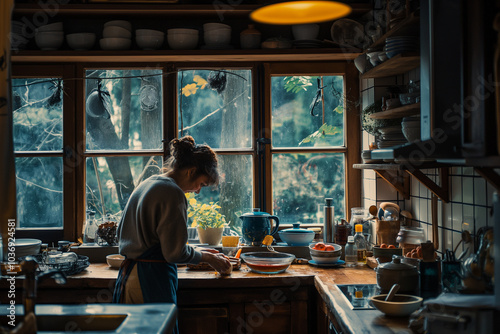 A rustic kitchen with a person preparing homemade jam