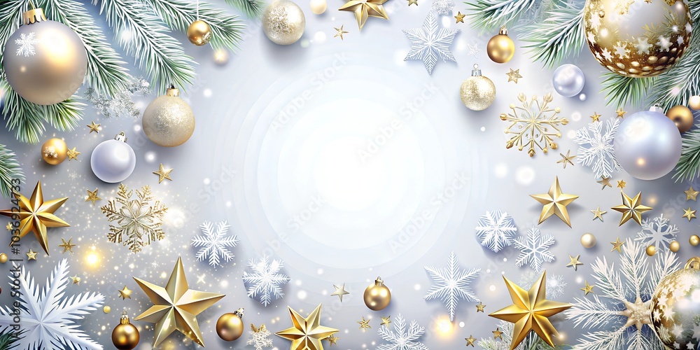 Fototapeta premium Christmas background, holiday illustration, festive design, golden ornaments, red berries, Christmas stars, pine branches, holiday decor, Christmas decorations, winter theme, Christmas illustration, f