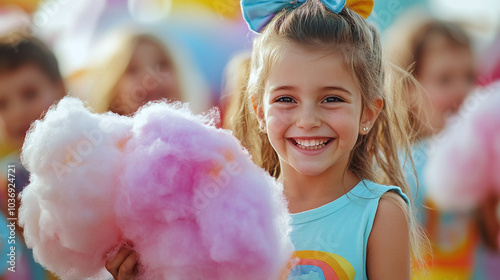 Colorful carnival with cute kids in festive clothes, enjoying their gigantic cotton candy while giggling and playing.