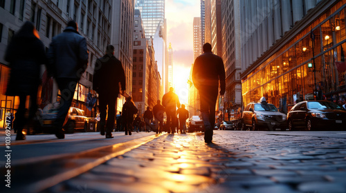 A busy financial district with skyscrapers, stock exchanges, and business professionals walking to work. Focus on the energy of the finance industry