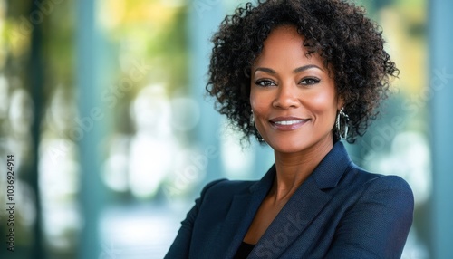 Senior black woman smiling confidently in a blue suit at a sunny outdoor event