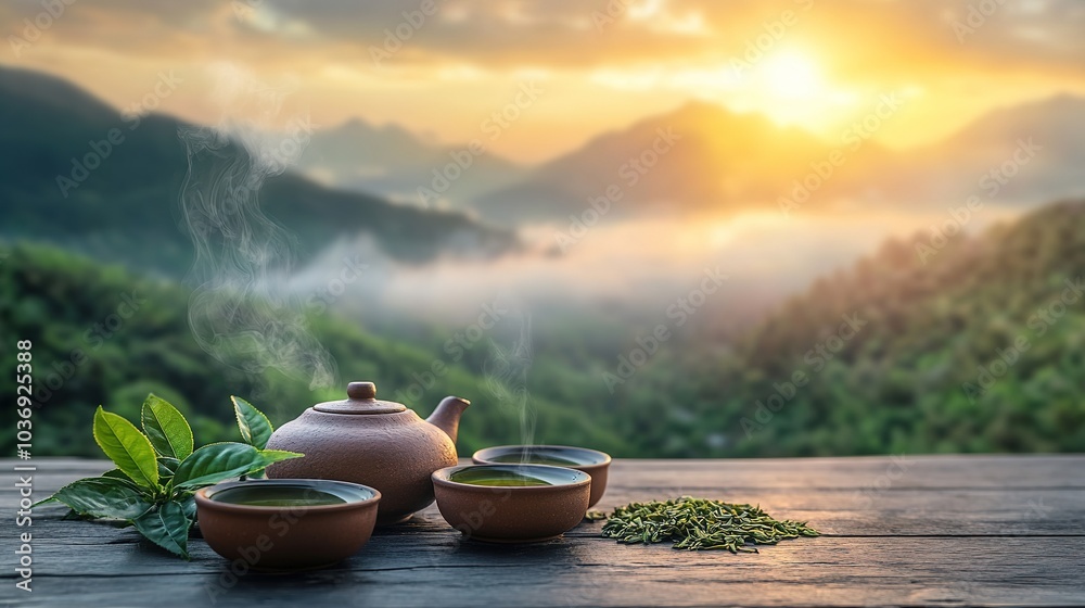 A steaming green tea cup and clay pot with tranquil mountain views in a quiet rural setting A steaming green tea cup and clay pot with tranquil mountain views in a quiet rural setting