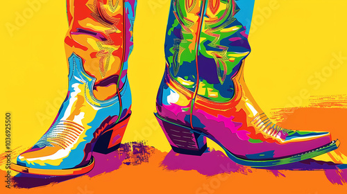 Brightly colored pop art of country western boots