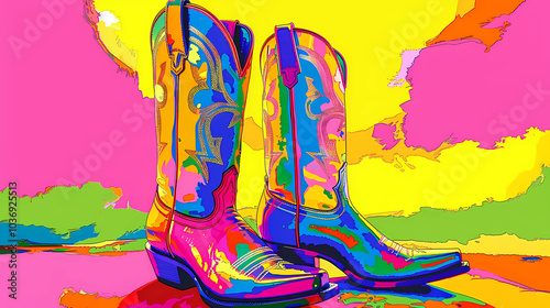 Brightly colored pop art of country western boots