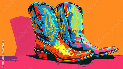 Brightly colored pop art of country western boots