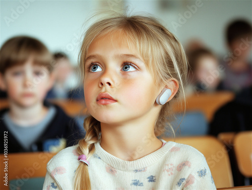A girl using an assistive listening device listens to a lesson in class