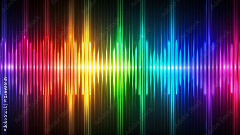 Vibrant multi-colored bars oscillate in a mesmerizing rhythm, creating a dynamic abstract background that represents sound waves and audio frequencies in a futuristic visual representation.
