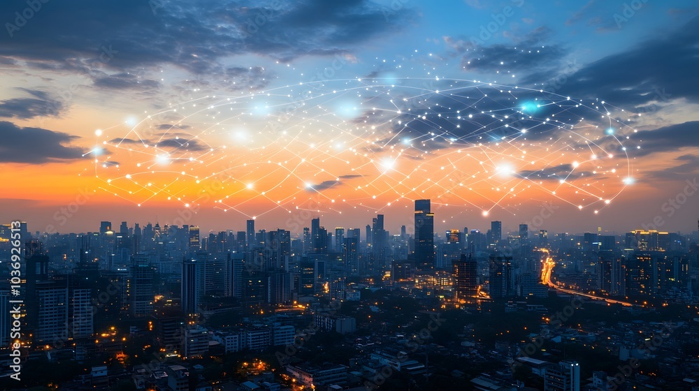 Obraz premium Wireless network and Connection technology concept with Abstract Bangkok city background in panorama view. 