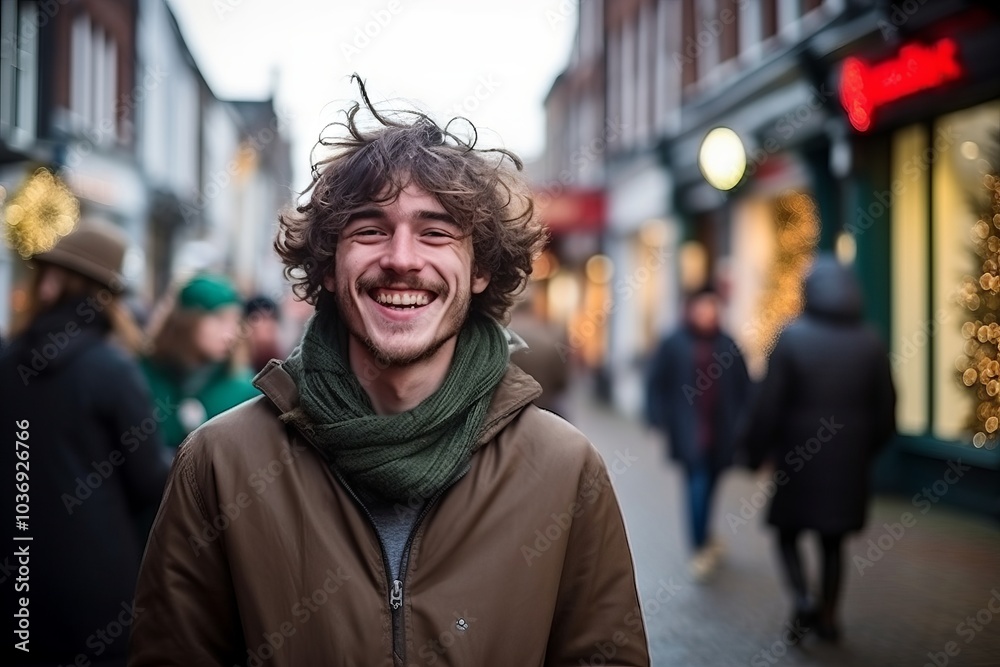 Handsome young man with curly hair smiling on a street in London