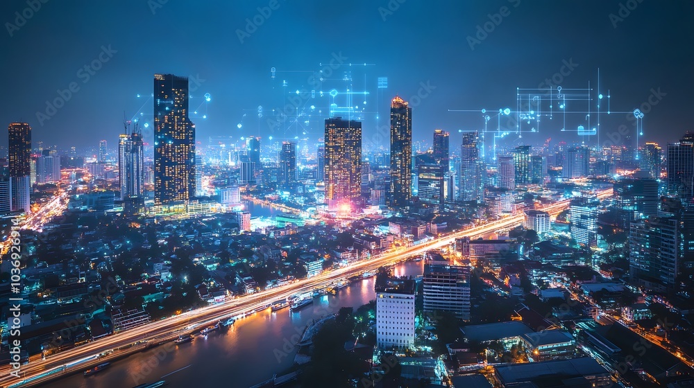 Fototapeta premium Wireless network and Connection technology concept with Abstract Bangkok city background in panorama view.