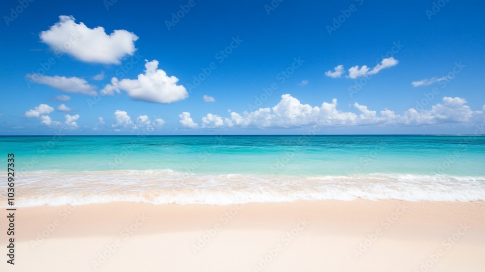 Serene beach scene with clear blue waters and fluffy clouds overhead. Serene beach scene with clear blue waters and fluffy clouds overhead.