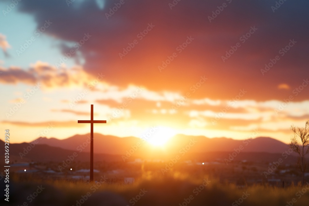 A silhouette of a cross against a vibrant sunset landscape. A silhouette of a cross against a vibrant sunset landscape.