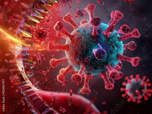 A close-up of a virus being neutralized by a vaccine, with antibodies surrounding the virus particle. photo